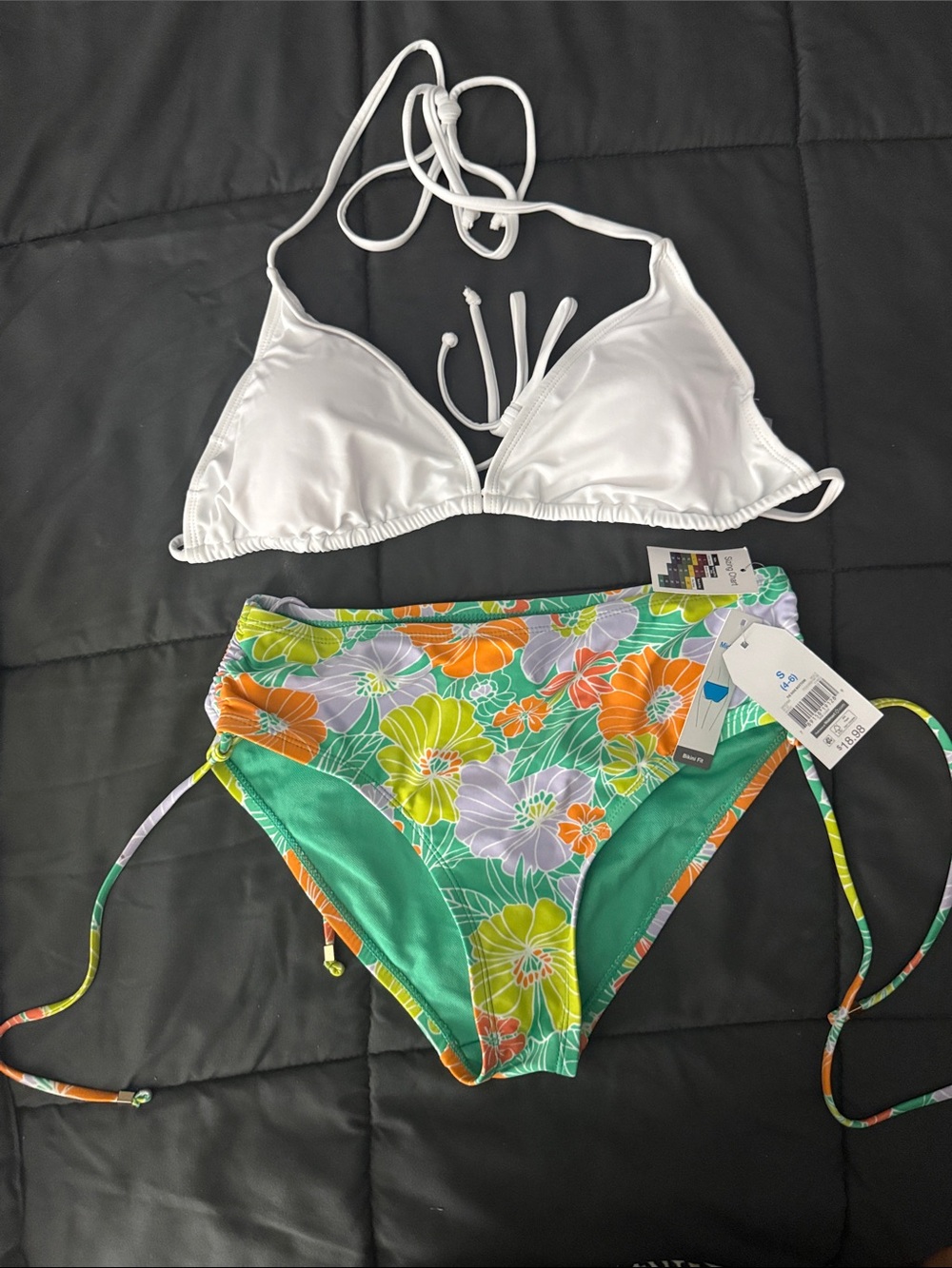 Time and Tru White Triangle Top with Green Floral High-Rise Bikini Bottom